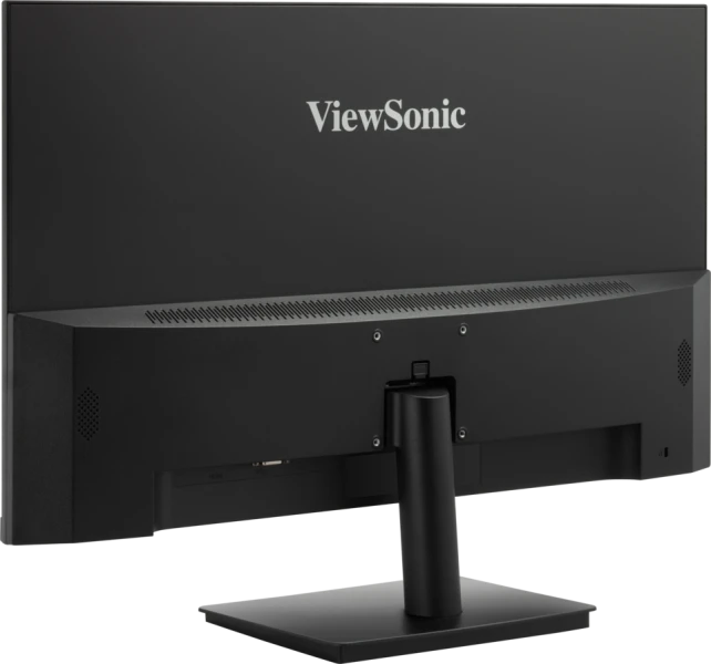 Fekete ViewSonic monitor hátulról, fekete állvánnyal.