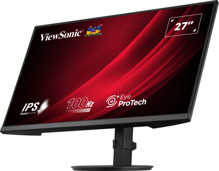 Fekete ViewSonic monitor piros háttérrel, 27 hüvelykes képernyő. IPS, 100Hz és Eye ProTech feliratokkal.