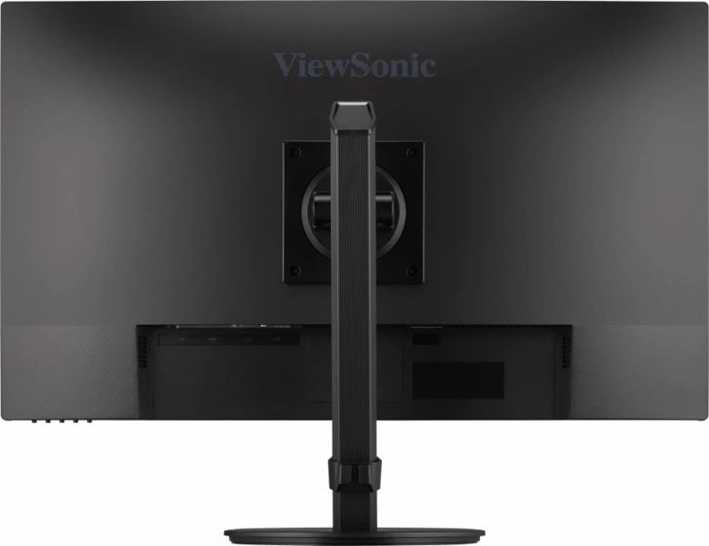 Fekete számítógép-monitor hátulja állvánnyal, csatlakozókkal és a ViewSonic logóval.