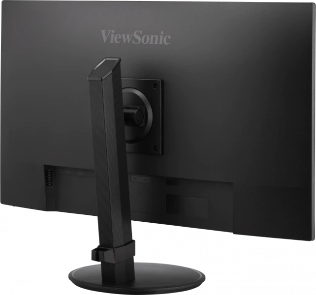 Fekete monitor hátulról, állvánnyal és a ViewSonic logóval. Az állvány fekete.