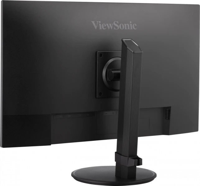 A fekete számítógép monitor hátulja a ViewSonic logóval és állvánnyal.