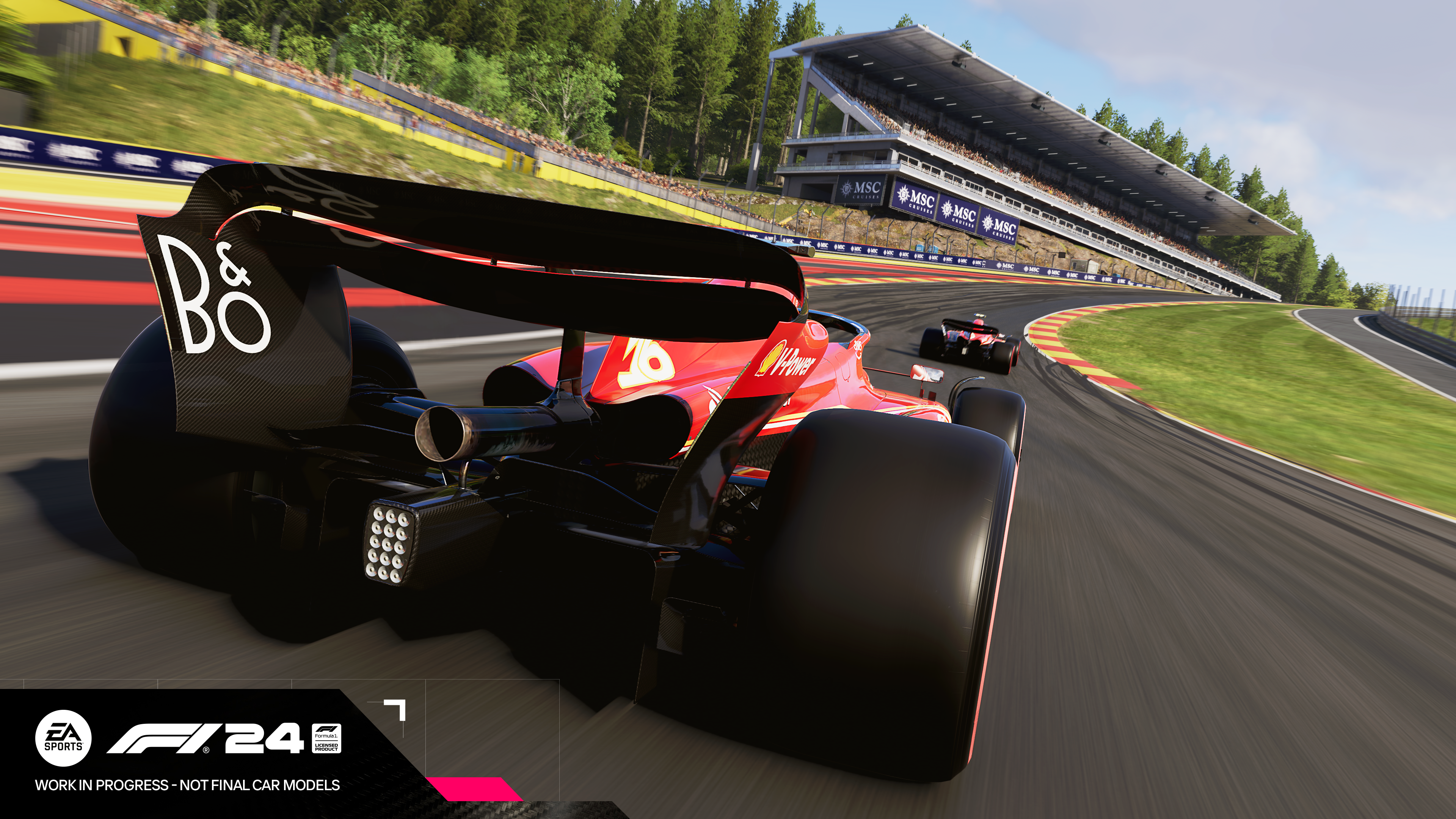 Rennwagen auf einer Strecke, Rückansicht, mit anderen Autos und Zuschauern im Hintergrund, 'EA Sports F1 24' Logo.