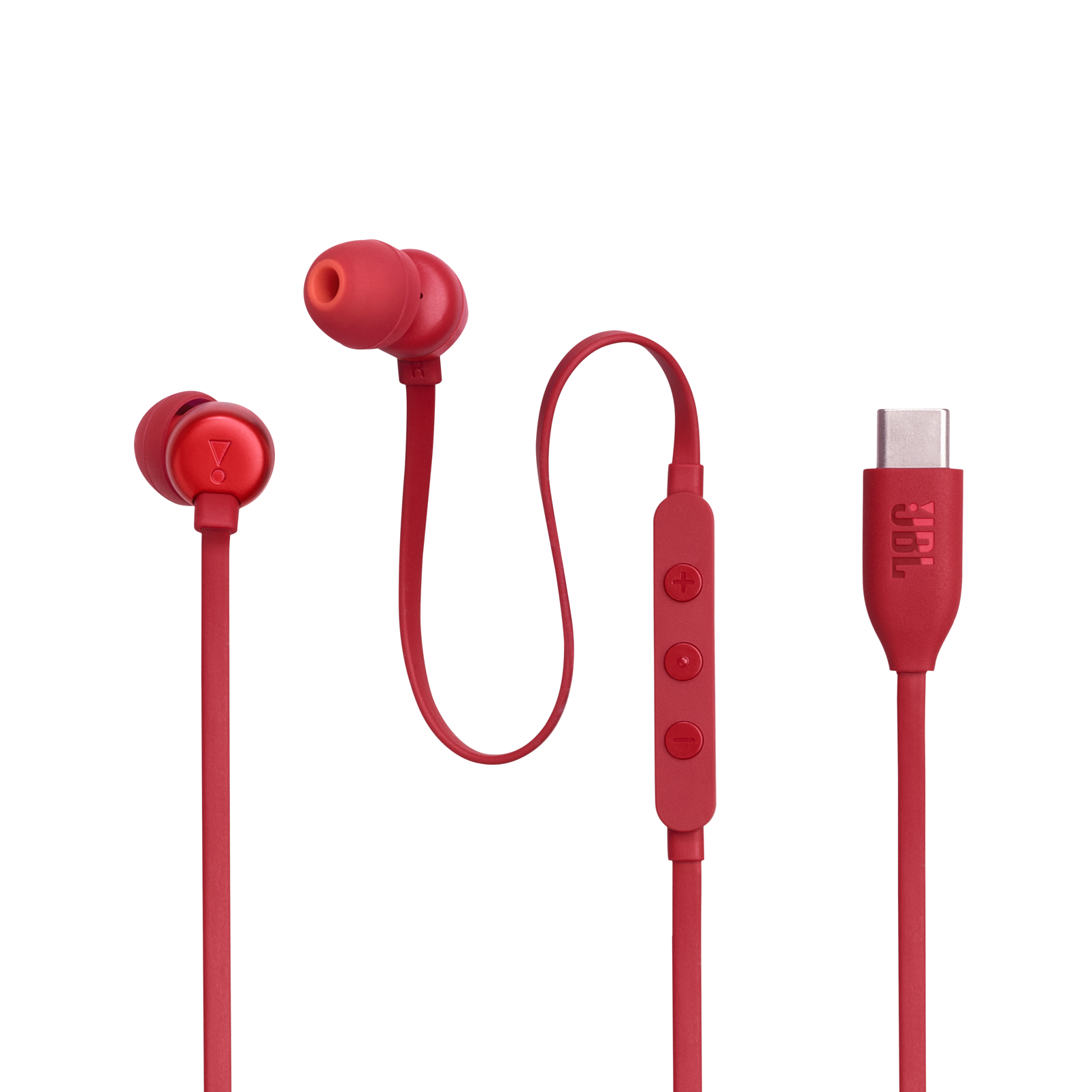 Kırmızı JBL kulaklıklar, bir kontrol modülü ve bir USB-C konektörüyle.
