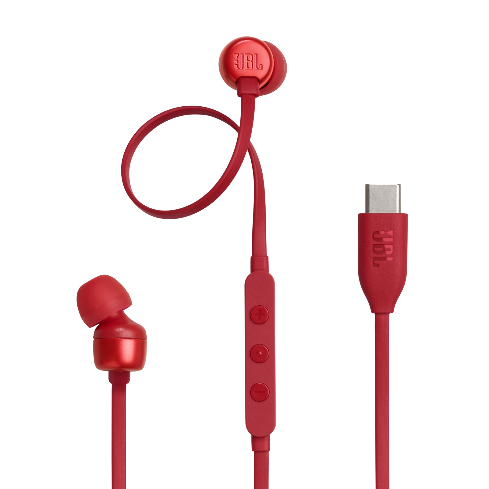 Kırmızı JBL kulaklıklar ve USB-C kablosu siyah zemin üzerinde.