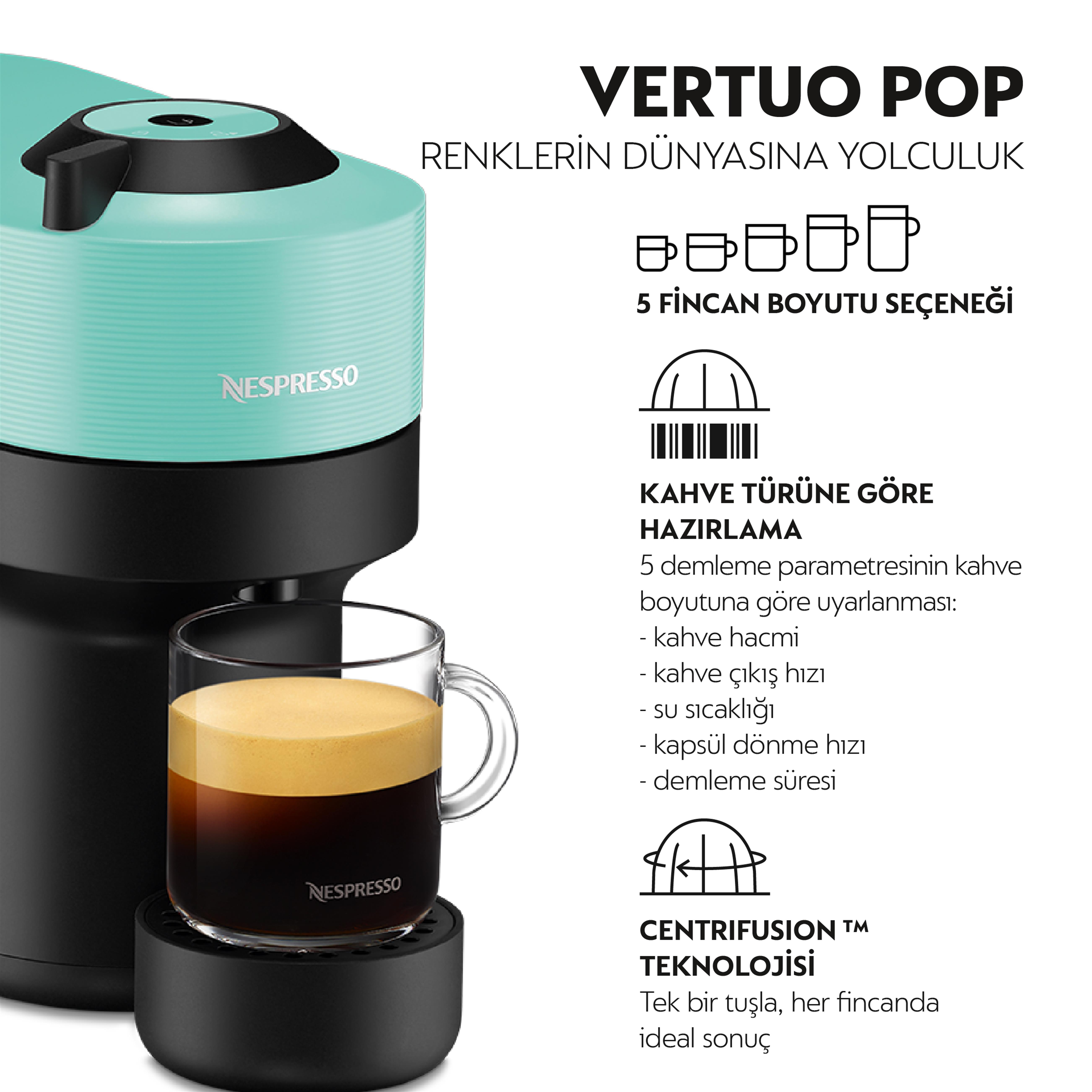 Bir fincan ile bir Nespresso Vertuo Pop kahve makinesi, İtalyanca metinle.