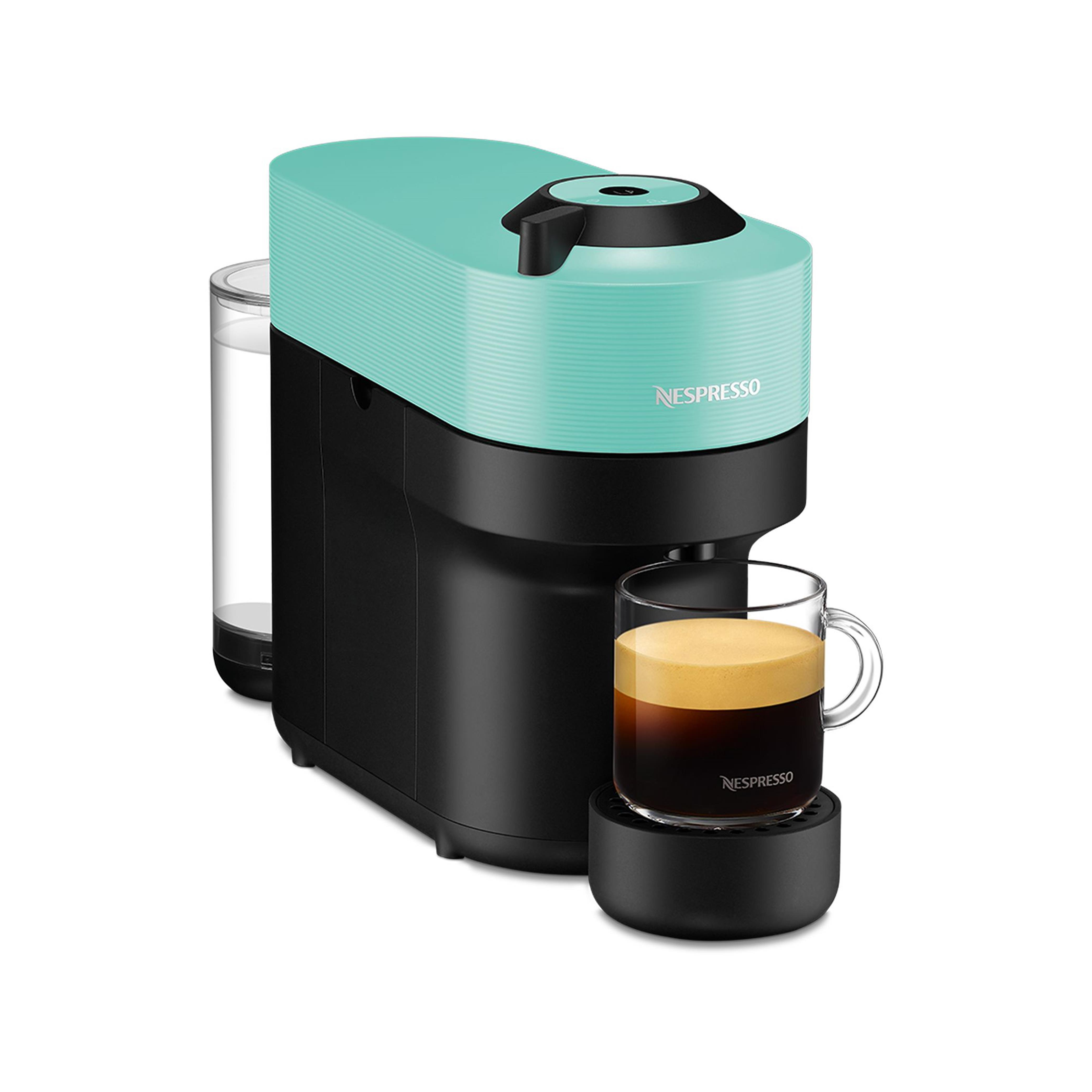 Turkuaz ve siyah bir Nespresso makinesi ve bir bardak kahve.