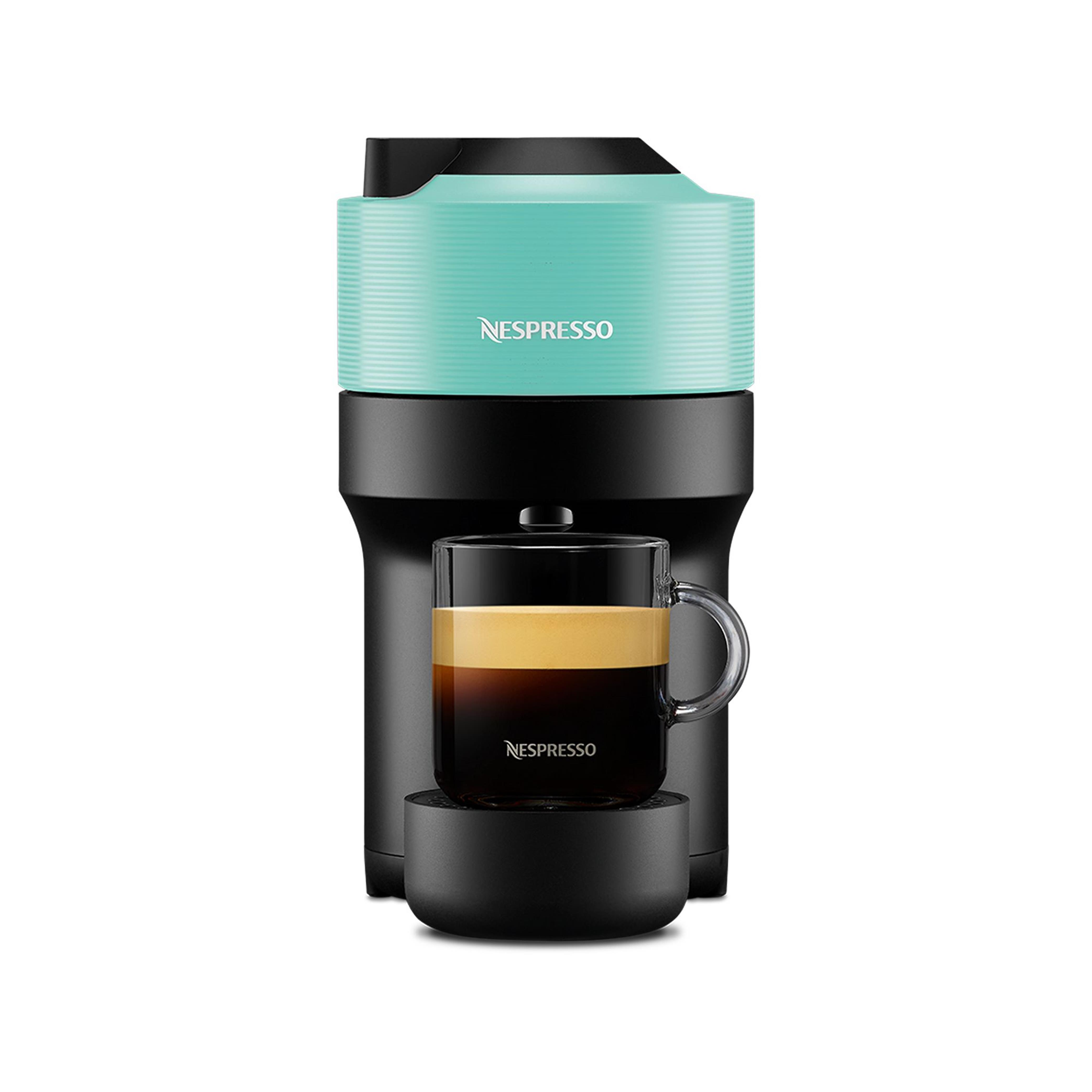 Siyah ve turkuaz Nespresso makinesi, bir bardak kahve ile.