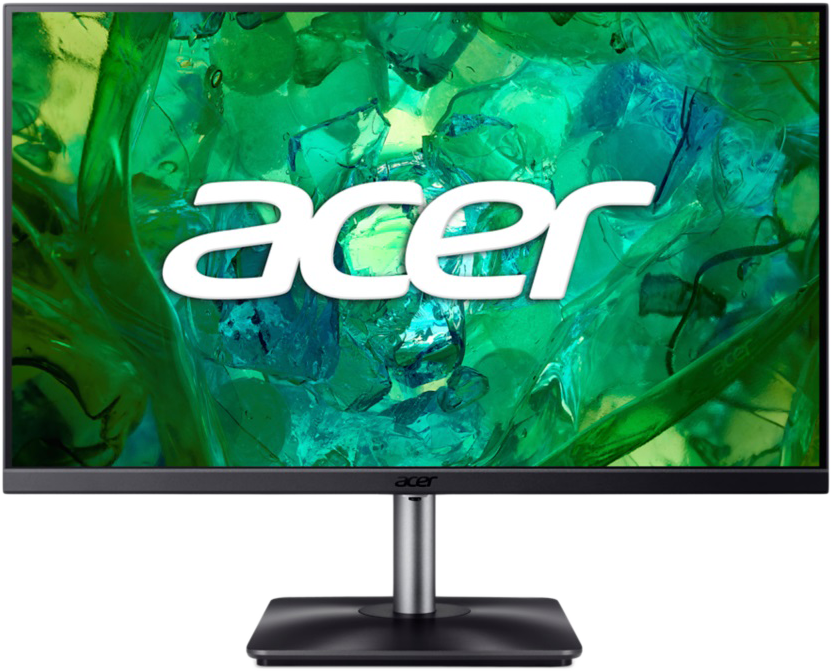 Acer monitor zöld absztrakt háttérrel. A monitor fekete, egy állvánnyal.