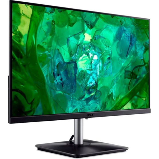 Számítógép monitor egy absztrakt zöld és kék képet mutat.