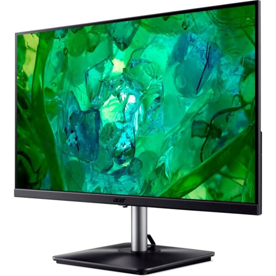 Acer monitor zöld absztrakt háttérrel, fekete állvánnyal.