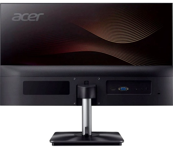 Egy fekete Acer monitor hátulja. Portok és állvány látható.