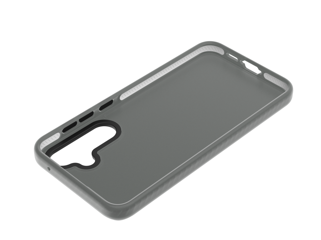 Una funda de teléfono gris transparente con recortes, que muestra la forma del teléfono.