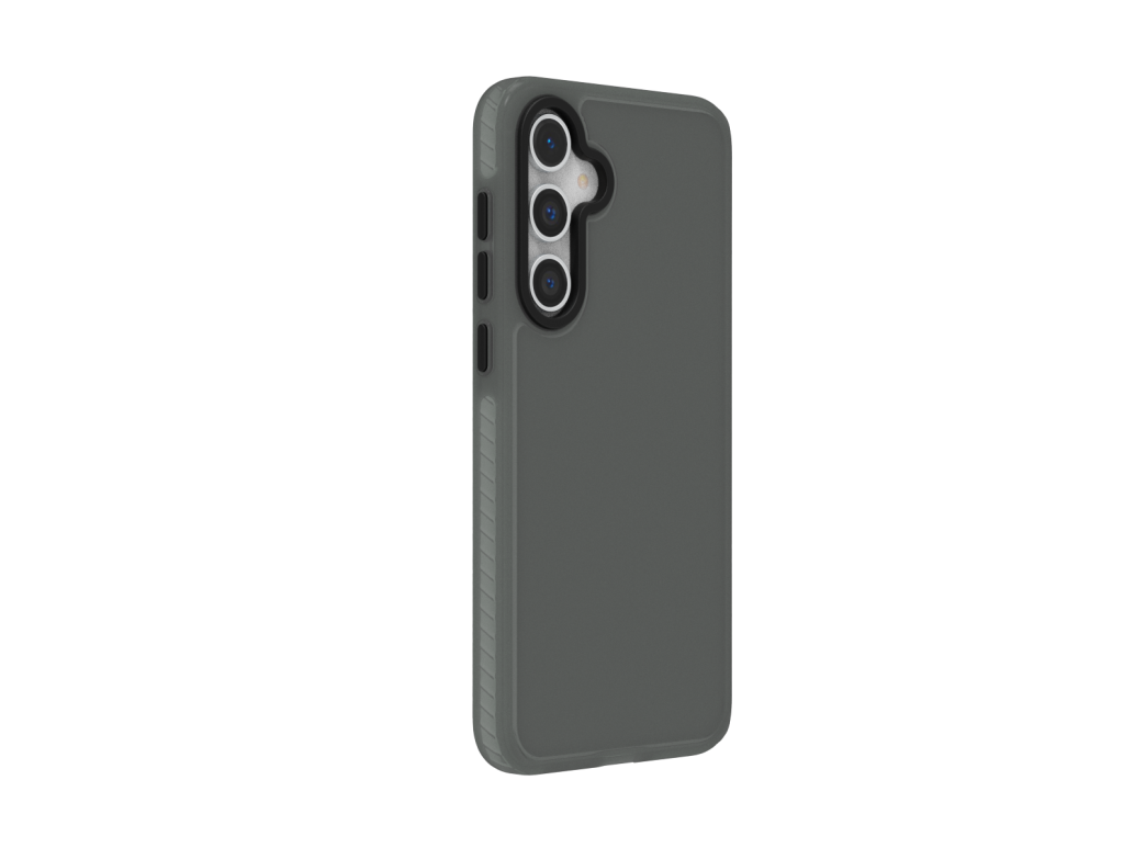 Una funda de teléfono gris sobre un fondo negro.