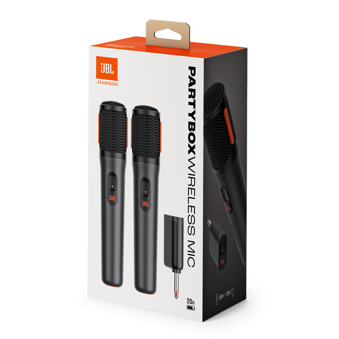 Juego de caja de dos micrófonos inalámbricos y un receptor, con la marca JBL.