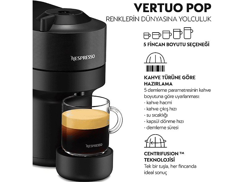 NESPRESSO Vertuo Pop Kapsüllü Kahve Makinesi ve Süt Köpürtücü Aksesuar Siyah_1