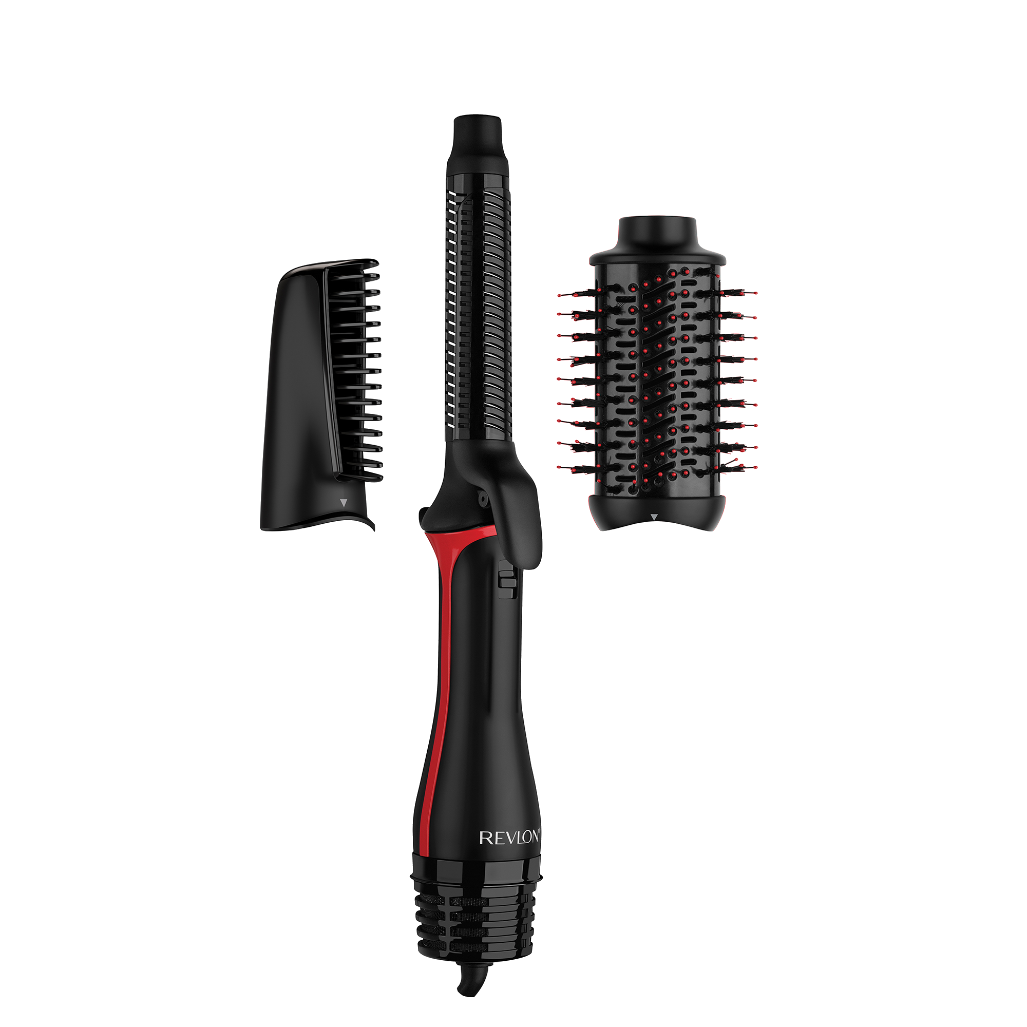 Herramienta para peinar el cabello con múltiples accesorios. La herramienta es negra y roja.