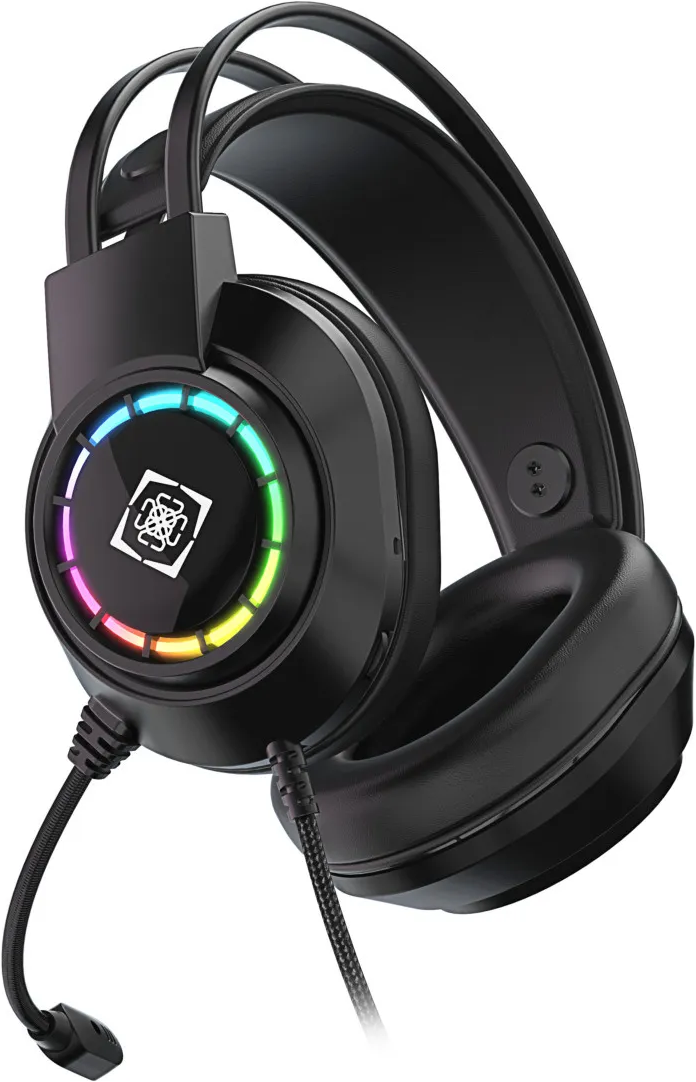 Un auricolare da gioco nero, con un microfono e luci a LED colorate.