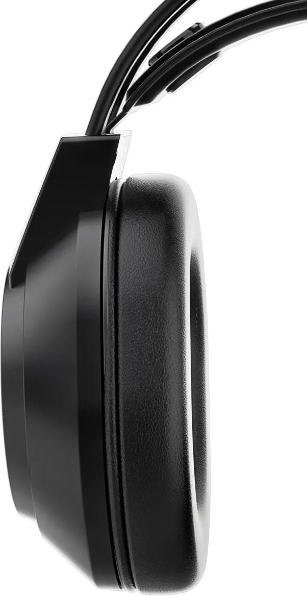 Cuffia nera. Vista laterale, ampio padiglione auricolare, filo ad archetto curvo.