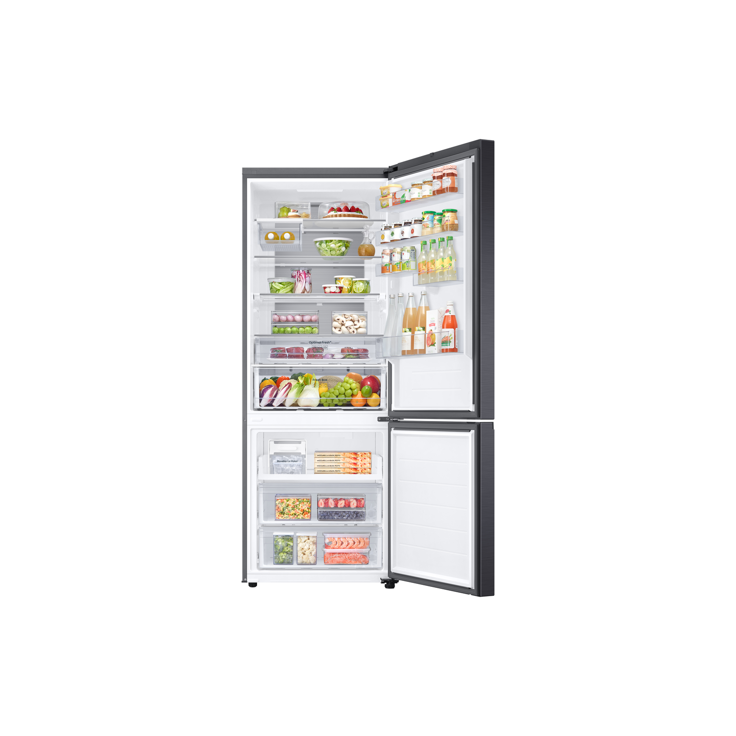 Open black refrigerator with food visible inside.