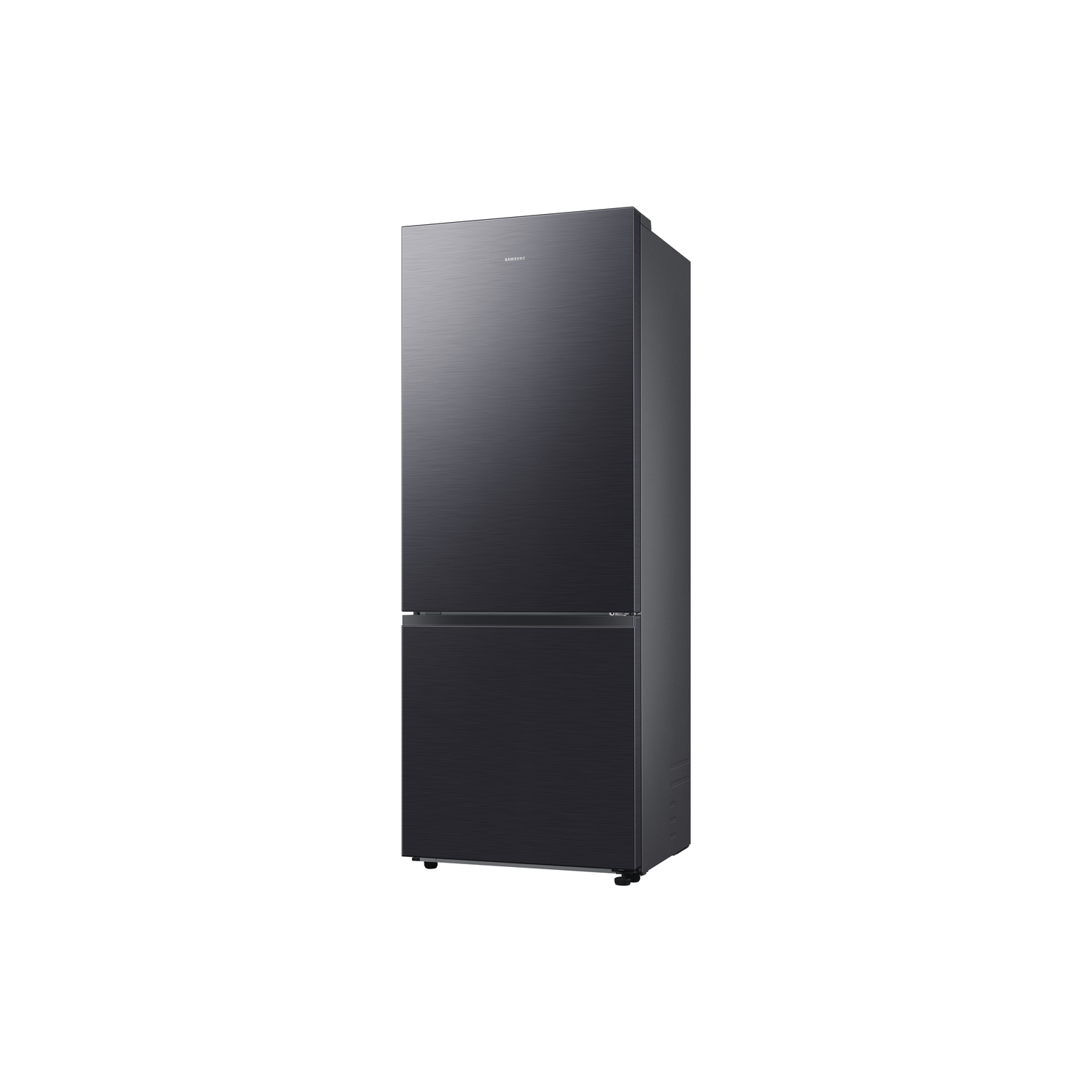 Black Samsung refrigerator with two doors, showing the front view.