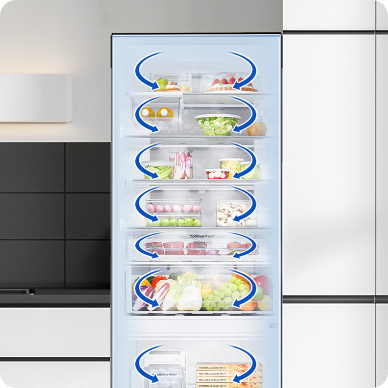 A refrigerator with open doors showing food storage, with blue air flow arrows.