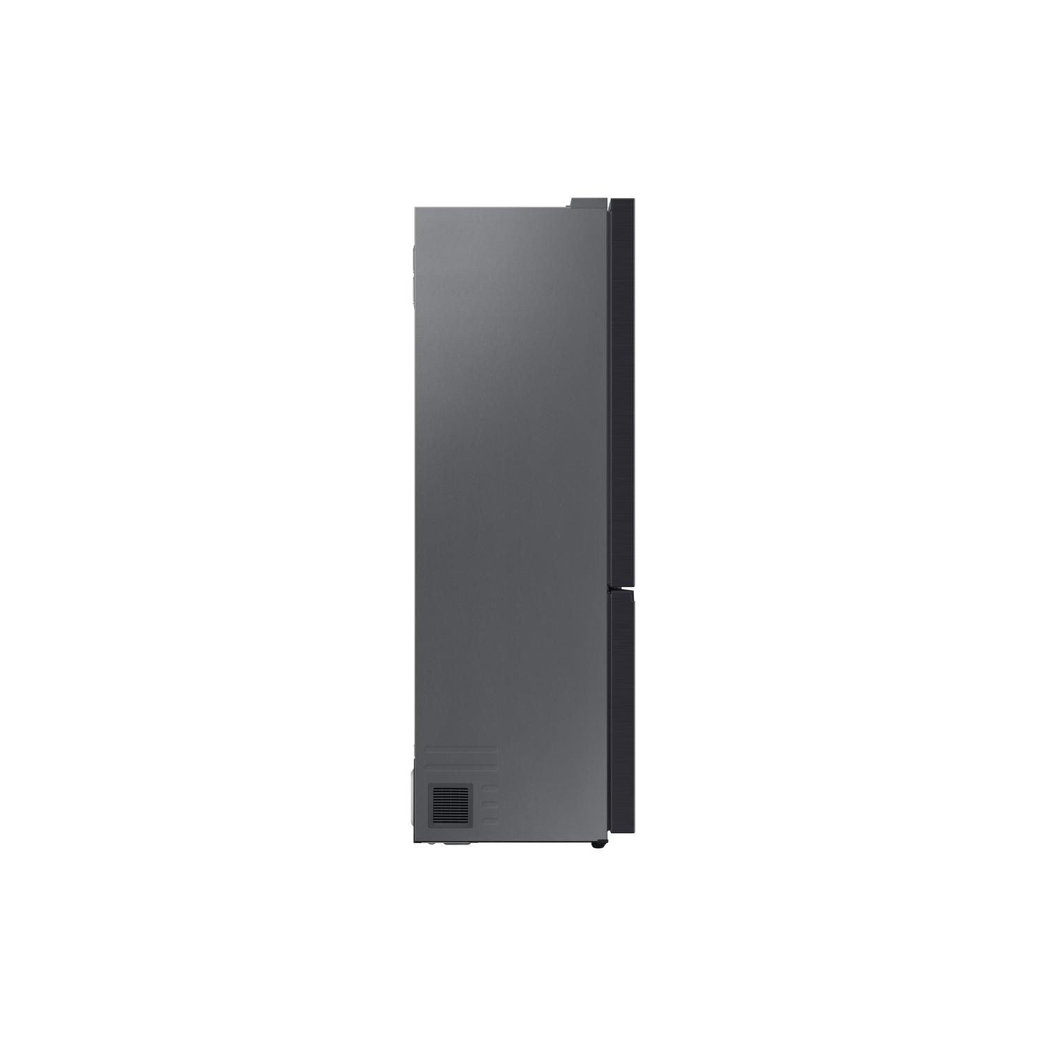Side view of a dark gray refrigerator on a white background. Minimalist design, sleek and modern.