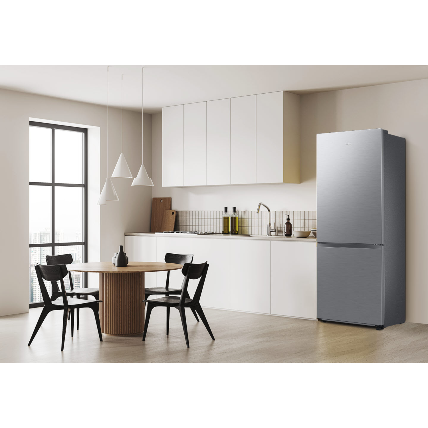 Modern kitchen interior with a refrigerator. Table and chairs, window, white cabinets.