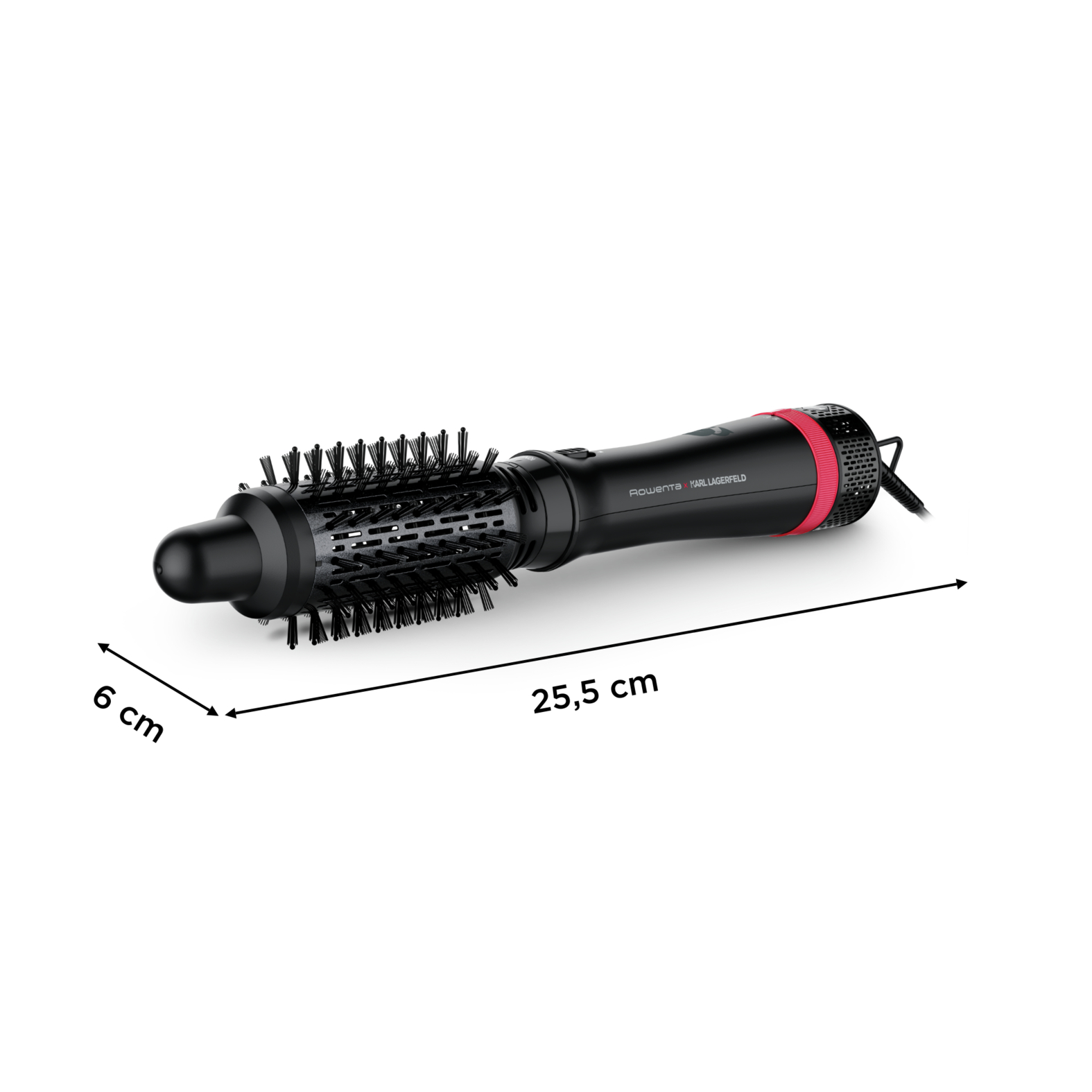 Egy Rowenta Karl Lagerfeld hajstyler kefe méretekkel: 6 cm x 25,5 cm.
