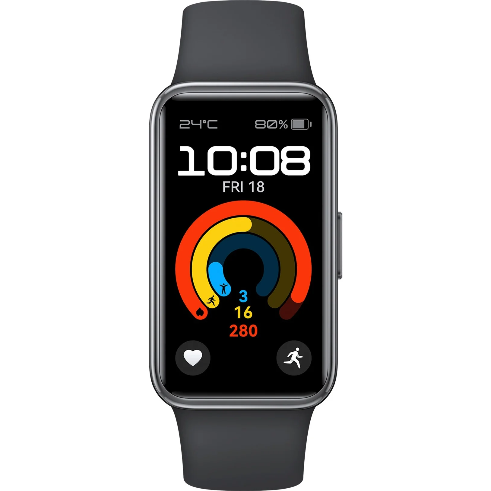 Czarny smartwatch wyświetlający czas i wskaźniki aktywności. Pokazuje tętno i kroki.