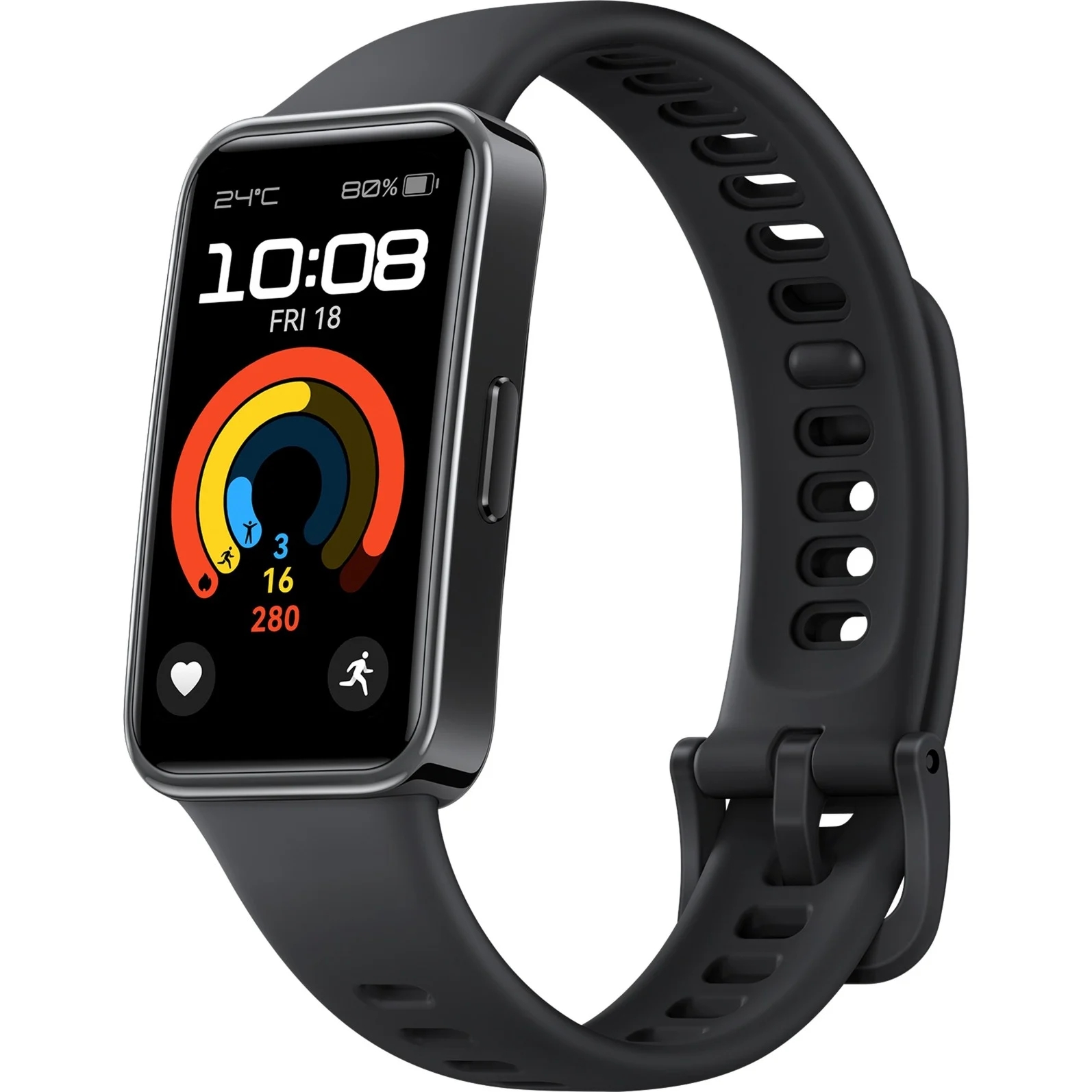 Czarny smartwatch. Ekran wyświetla godzinę, datę, status aktywności i kolorowy pierścień.