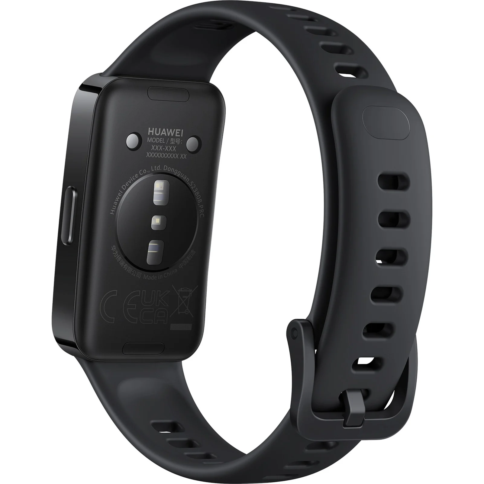 Widok z tyłu czarnego trackera fitness Huawei na białym tle.