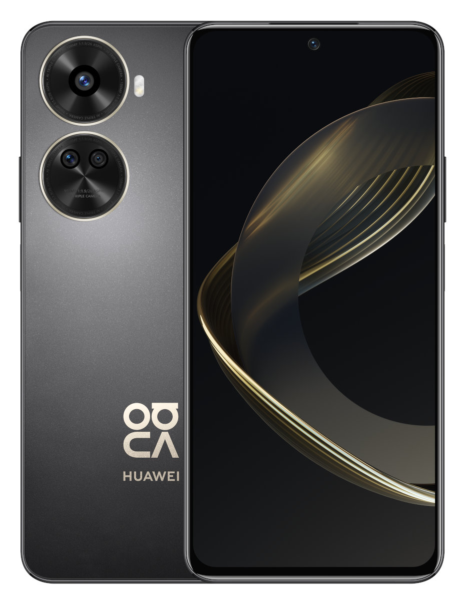 Telefon Huawei, czarny i złoty. Tył i wyświetlacz widoczne. Czarne tło.