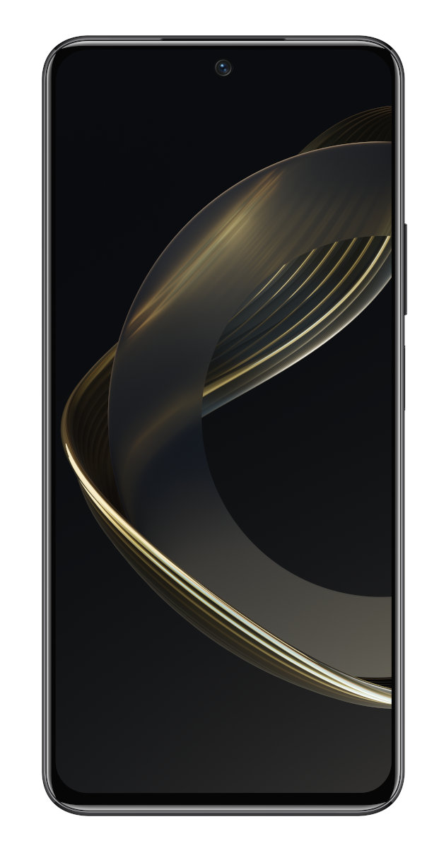 Czarny smartfon z zakrzywionym złotym wzorem na ekranie, prezentujący elegancką, nowoczesną estetykę.