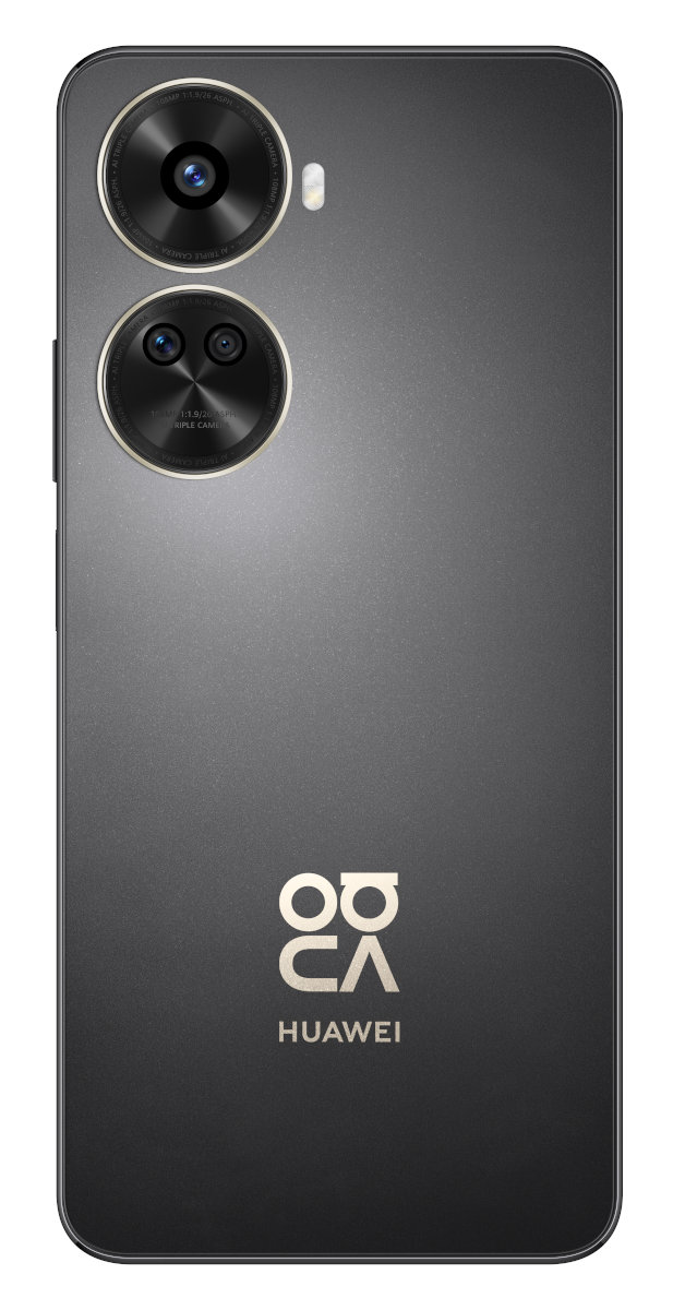 Czarny tył smartfona, z podwójnymi aparatami i logo Huawei.