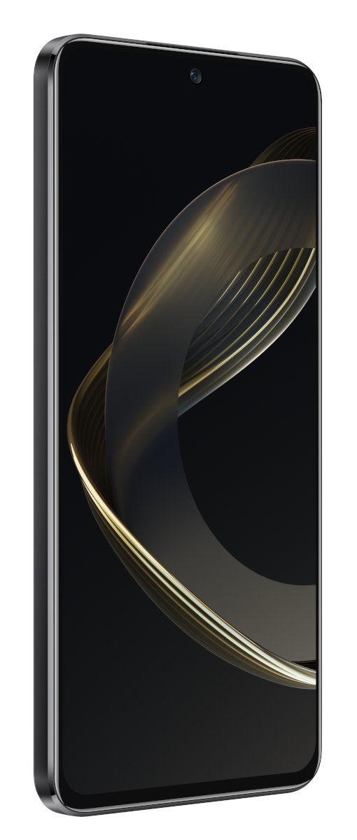 Czarny smartfon, widok pod kątem, pokazujący czarno-złoty abstrakcyjny wzór na ekranie.