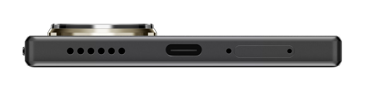 Czarny smartfon, widok z boku, pokazujący porty na białym.