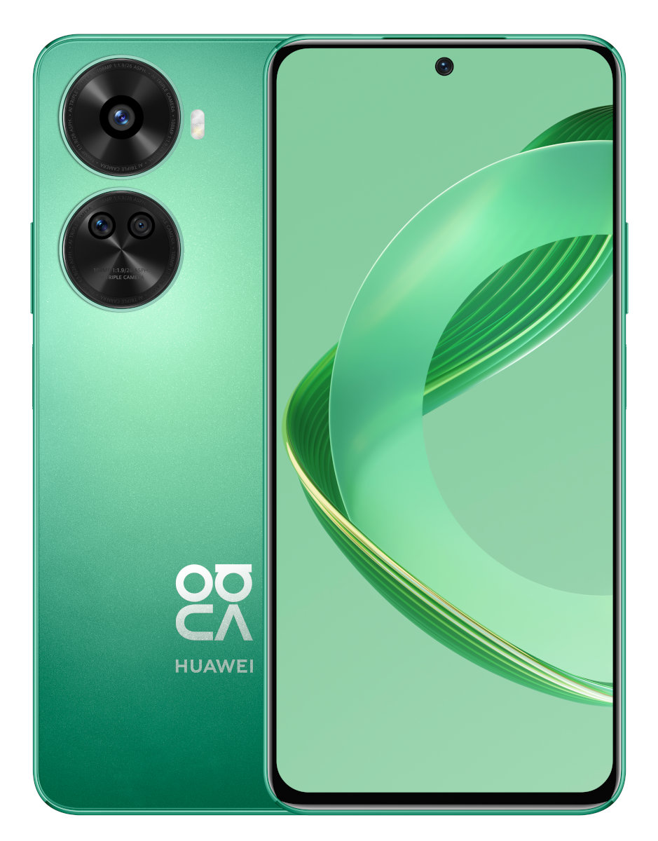 Zielony telefon Huawei z trzema tylnymi aparatami. Ekran wyświetla zieloną grafikę.
