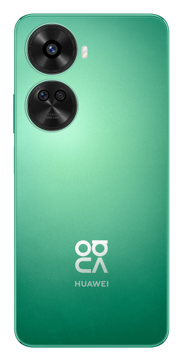 Zielona tylna strona telefonu z podwójnymi aparatami i logo Huawei.