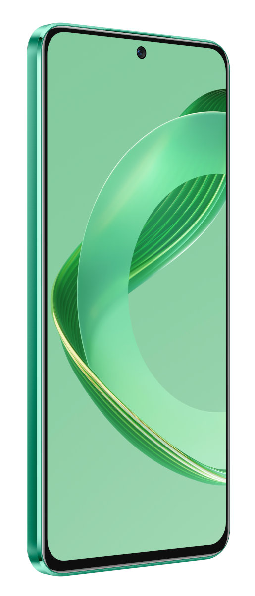 Zielony smartfon, widok z boku, na białym tle. Ekran jest włączony i wyświetla zieloną grafikę.