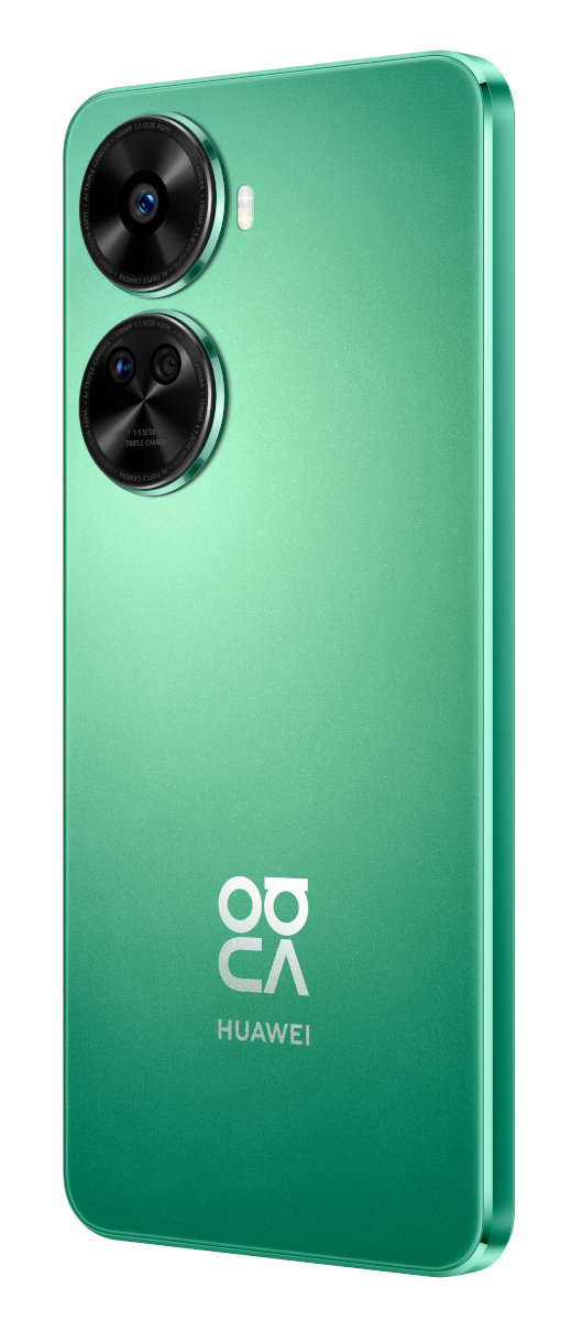 Zielony smartfon. Widok z boku z aparatami i logo Huawei.