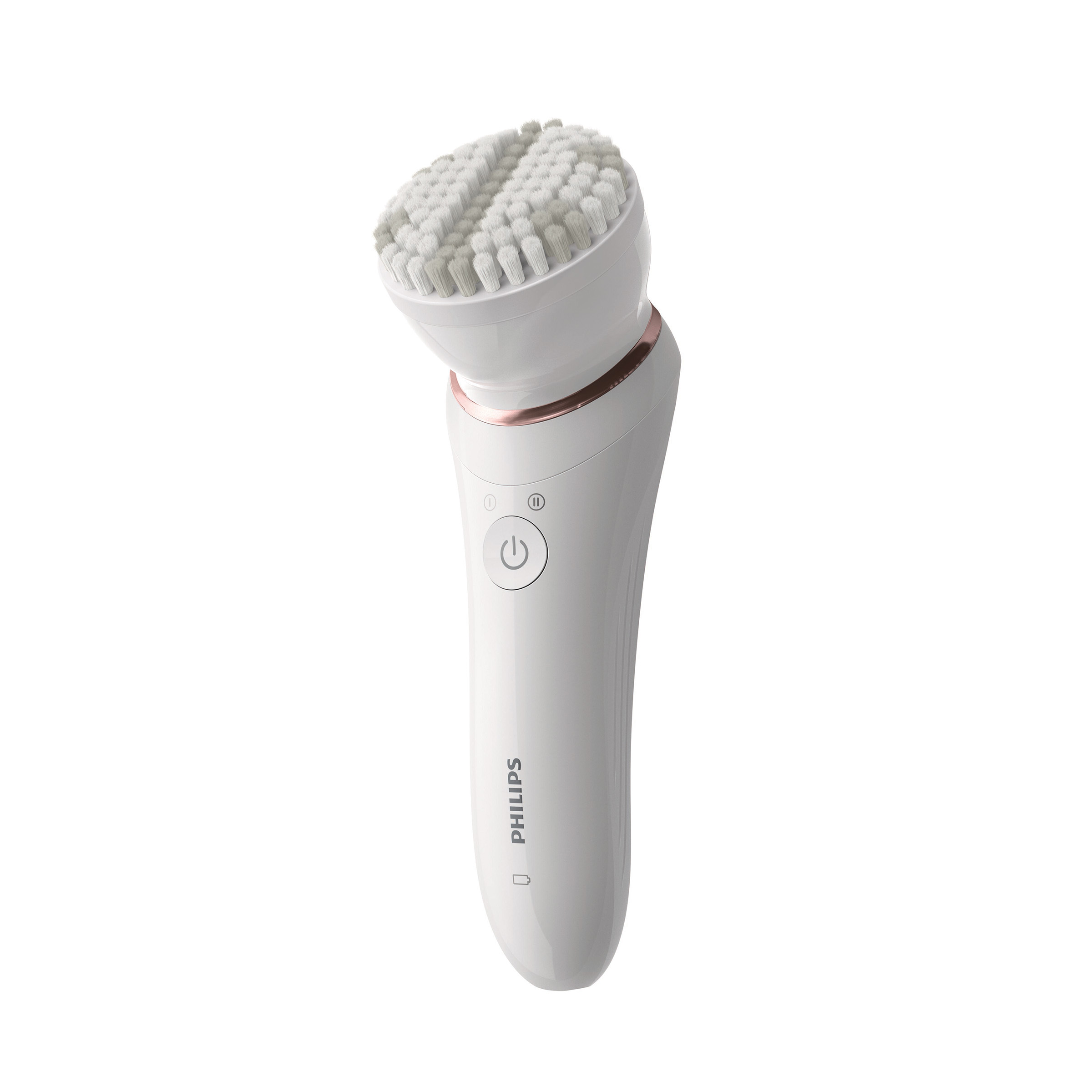 Biała szczoteczka do oczyszczania twarzy z główką szczotki. Posiada przycisk zasilania i markę Philips.