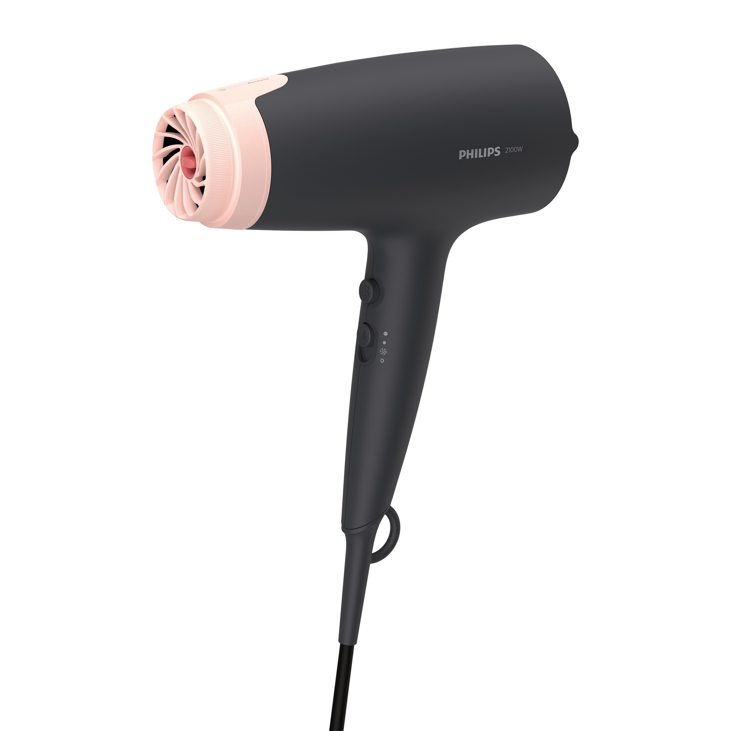Czarna i różowa suszarka do włosów z marką 'PHILIPS' z boku i białym tłem.