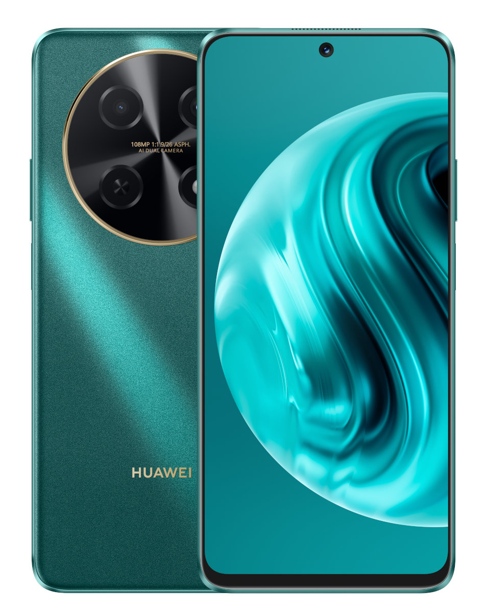 Turkusowy telefon Huawei z dużym zestawem kamer i ekranem z turkusowym wzorem.