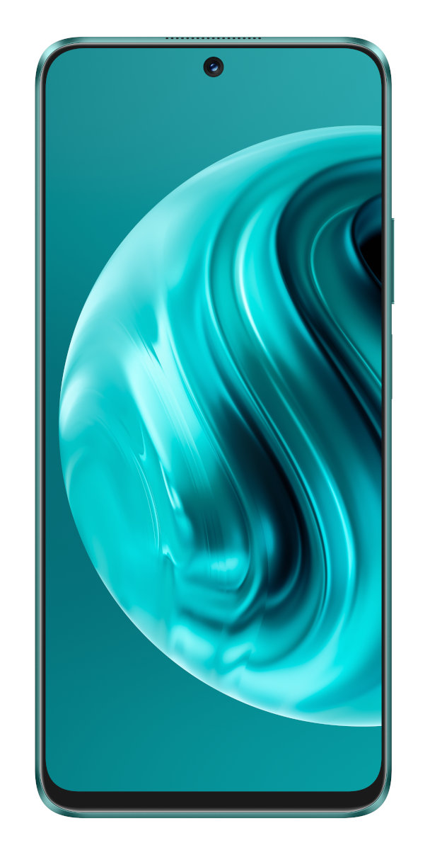 Turkusowy smartfon z centralnym aparatem i turkusowym tłem.