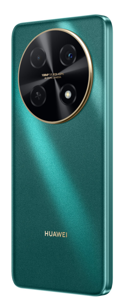 Zielony smartfon z wieloma aparatami, logo Huawei.