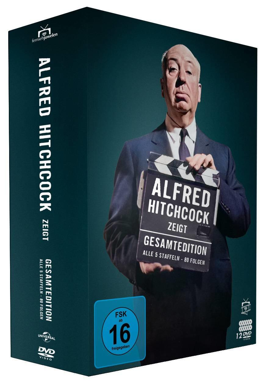 Eine DVD-Box-Set mit Alfred Hitchcock-Filmen. Die Box zeigt Hitchcocks Bild.
