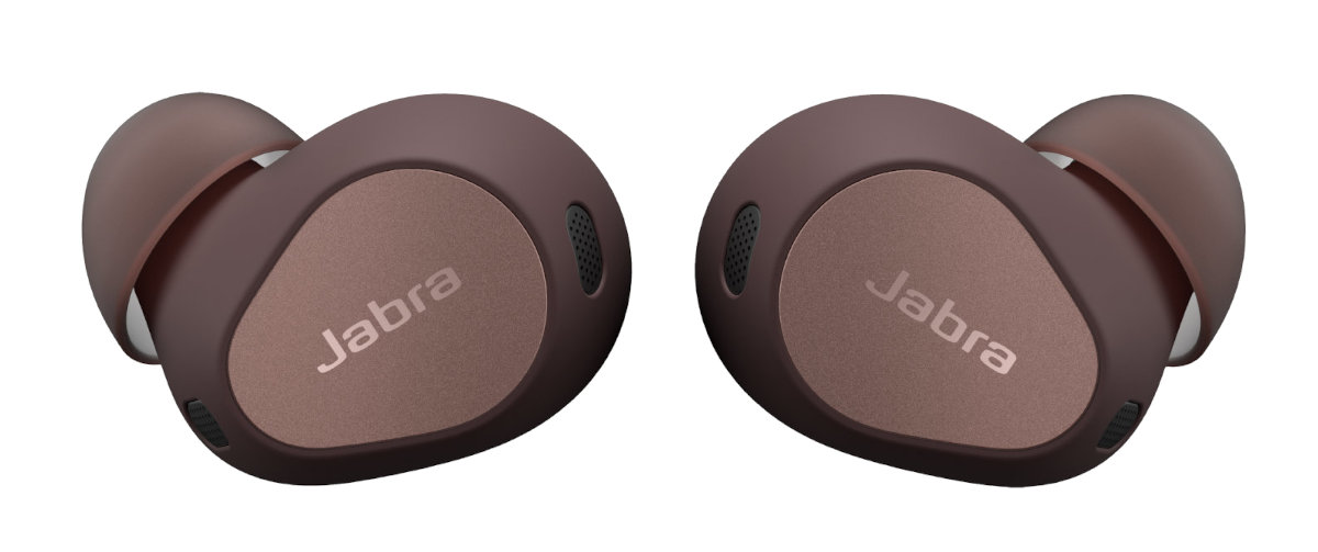 Dwa słuchawki Jabra, brązowe, z widocznym logo.