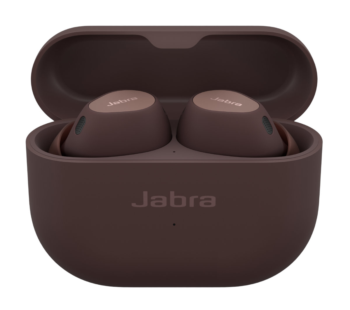 Brązowe słuchawki Jabra w otwartym etui ładującym. Etui jest otwarte i ma brązowy kolor.