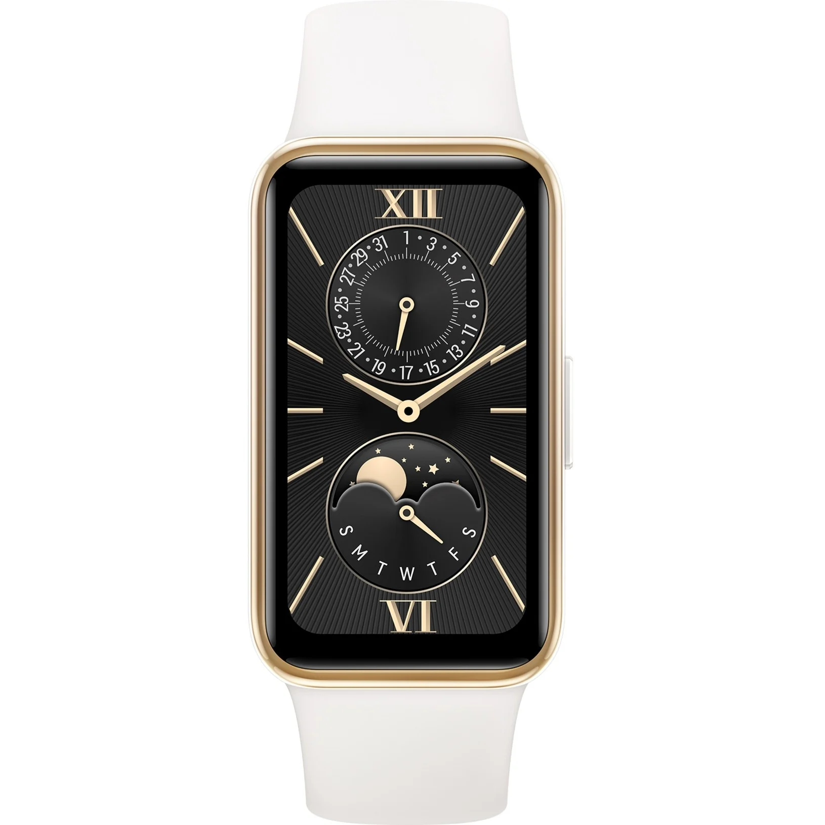 Biały smartwatch ze złotą ramką i czarnym wyświetlaczem.