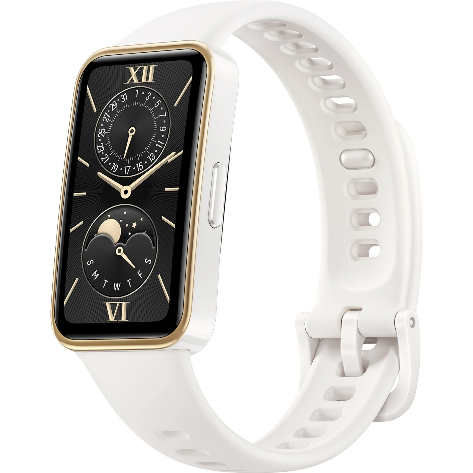 Biały smartwatch Huawei ze złotą ramką i czarną tarczą, pokazujący czas i szczegóły fazy księżyca.